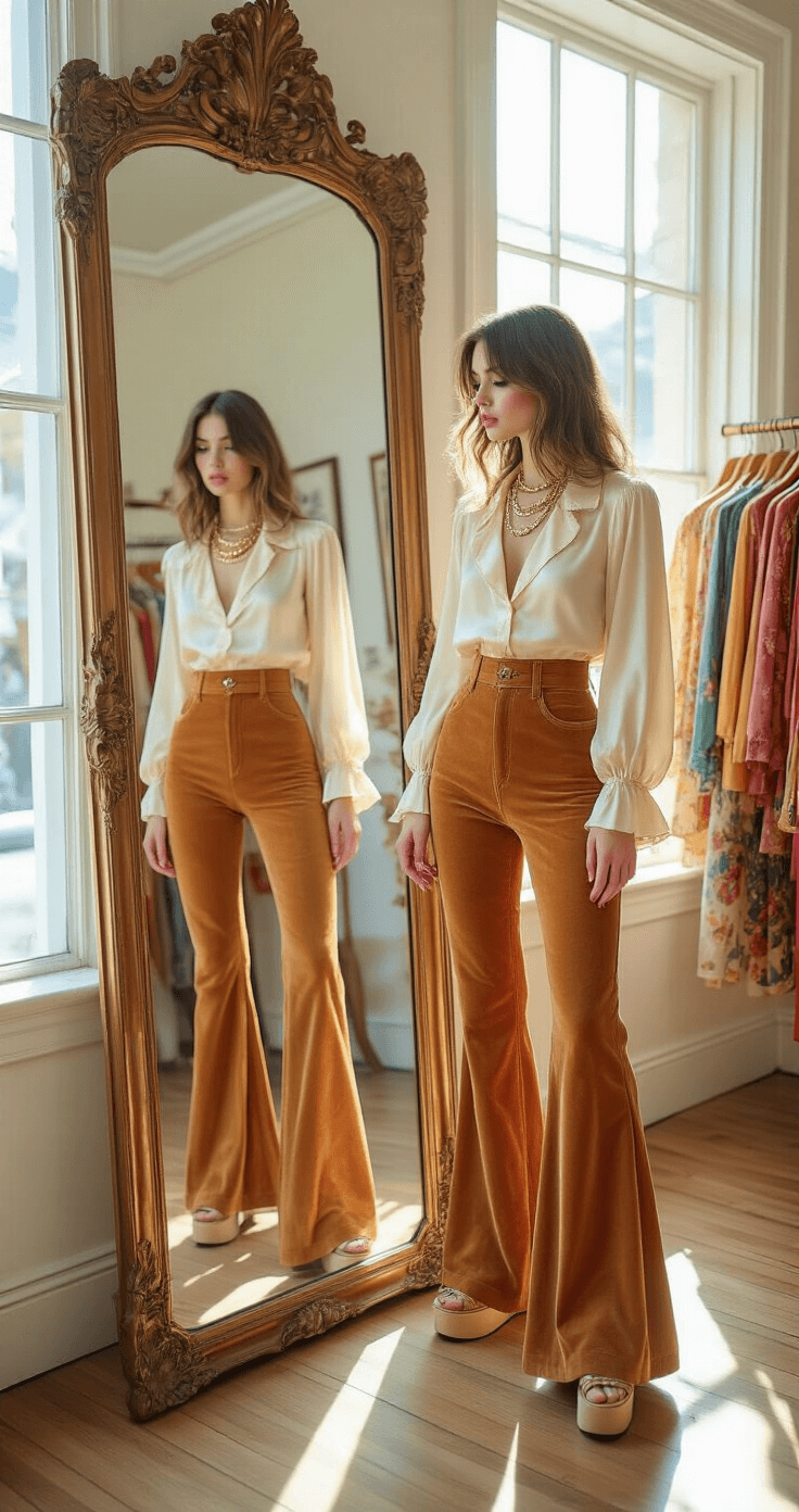 A model in high-waisted caramel suede bell bottoms and a cream silk blouse with an oversized collar admires her reflection in an ornate full-length mirror, surrounded by colorful vintage clothing racks in a bright, airy boutique. Platform shoes and layered gold necklaces complete her 70s-inspired outfit. Natural light streams in through large windows.