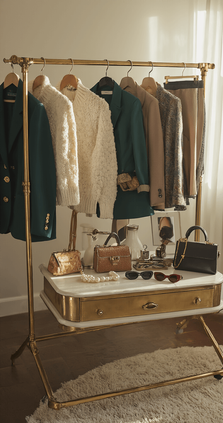 Cozy bedroom with mid-morning light featuring a person arranging a mix of vintage and modern clothing on a brass rack, including blazers and pearl-detailed sweaters, with a vintage vanity displaying cat-eye sunglasses and handbags in the background.