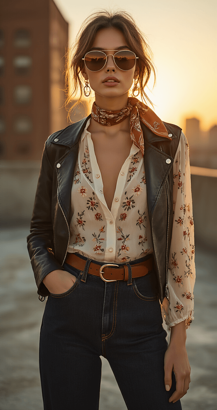 A model in high-waisted dark denim jeans and a vintage floral blouse stands on an industrial-chic rooftop at sunset, with a statement belt and retro accessories including a silk headscarf and oversized sunglasses. A modern leather jacket drapes over her shoulders, while golden light creates a halo effect, captured from street level.