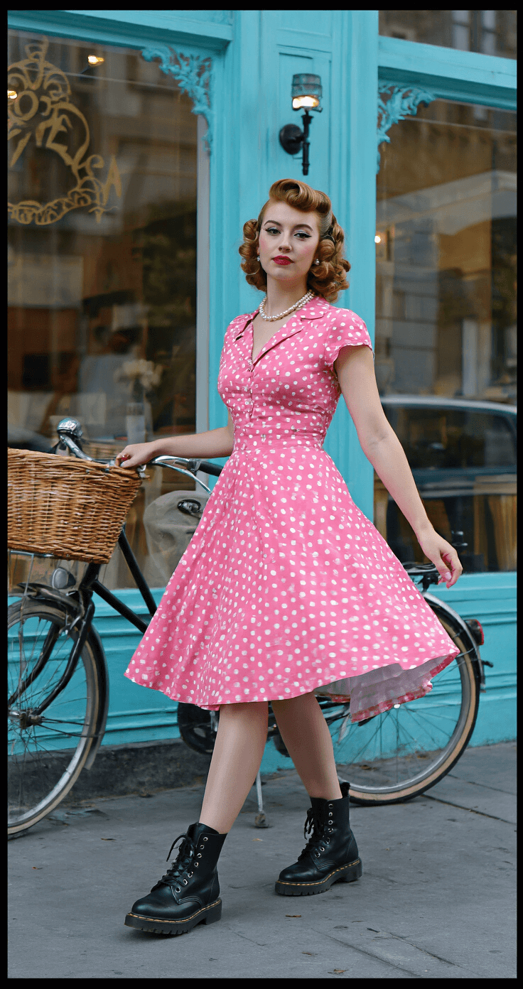 A retro café exterior during the blue hour, featuring a model in a pink and white polka dot 50s-style dress paired with modern leather combat boots. Her hair is styled in pin curls, complemented by a pearl necklace and cat-eye frames. A vintage bicycle with a wicker basket leans against the café, captured from across the street for environmental context.