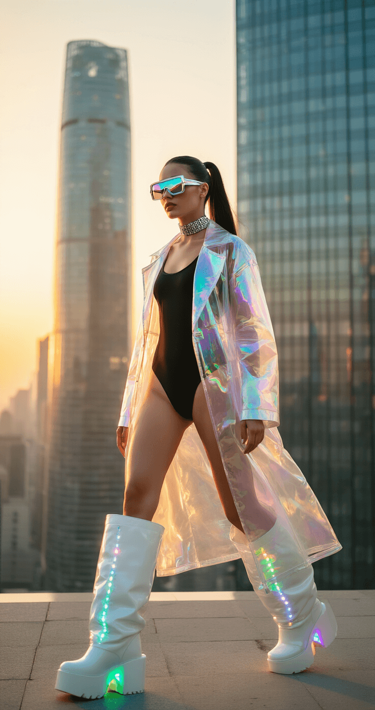 Model in a black matte bodysuit and transparent iridescent overcoat striding confidently on a rooftop during golden hour, surrounded by gleaming glass skyscrapers. Wearing chunky white platform boots with LED soles, visor sunglasses, and a chrome choker, with sleek high ponytail featuring metallic wrapped sections; captured in a wide-angle lens highlighting urban futurism.