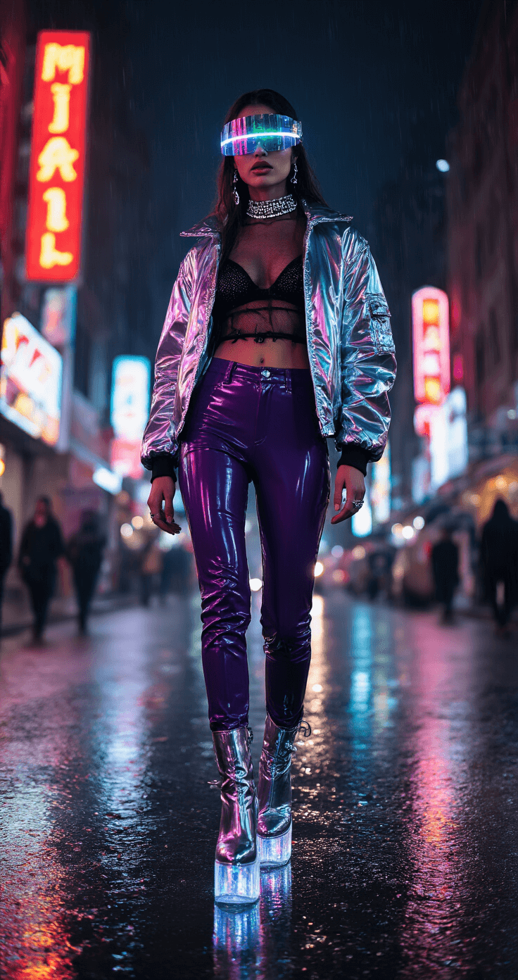 A nighttime street scene featuring rain-slicked pavement that reflects vibrant neon signs. The model is dressed in deep purple latex pants, an oversized chrome bomber jacket, and a black mesh top with LED trim. She wears metallic face jewelry and a holographic visor, while her platform boots with clear heels showcase floating glitter. The image is captured with a slow shutter speed, creating dynamic light trails.