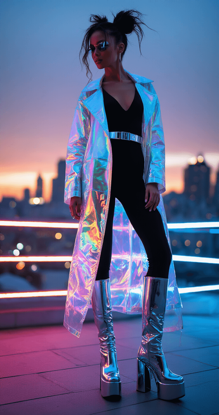A model wears a black matte jumpsuit with holographic panels and a transparent iridescent coat, styled with chrome platform boots and metallic accessories, poses on an urban rooftop at sunset. The background features a bokeh effect of city lights during blue hour, while the model’s hair is styled in a sculptural updo with metallic elements.