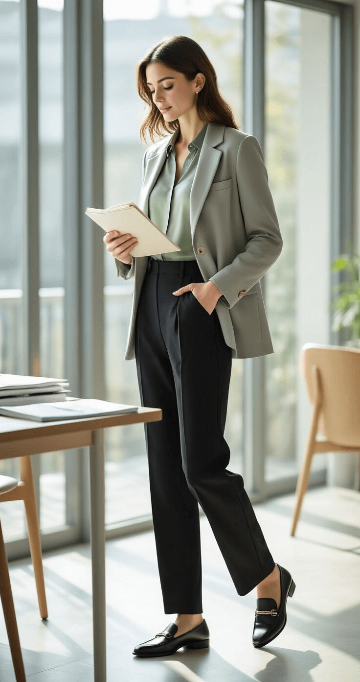 A teacher in high-waisted black trousers and a sage green silk blouse organizes materials in a bright staff room, illuminated by natural light from floor-to-ceiling windows, with a lightweight grey blazer draped over her shoulders and classic black leather loafers on her feet.
