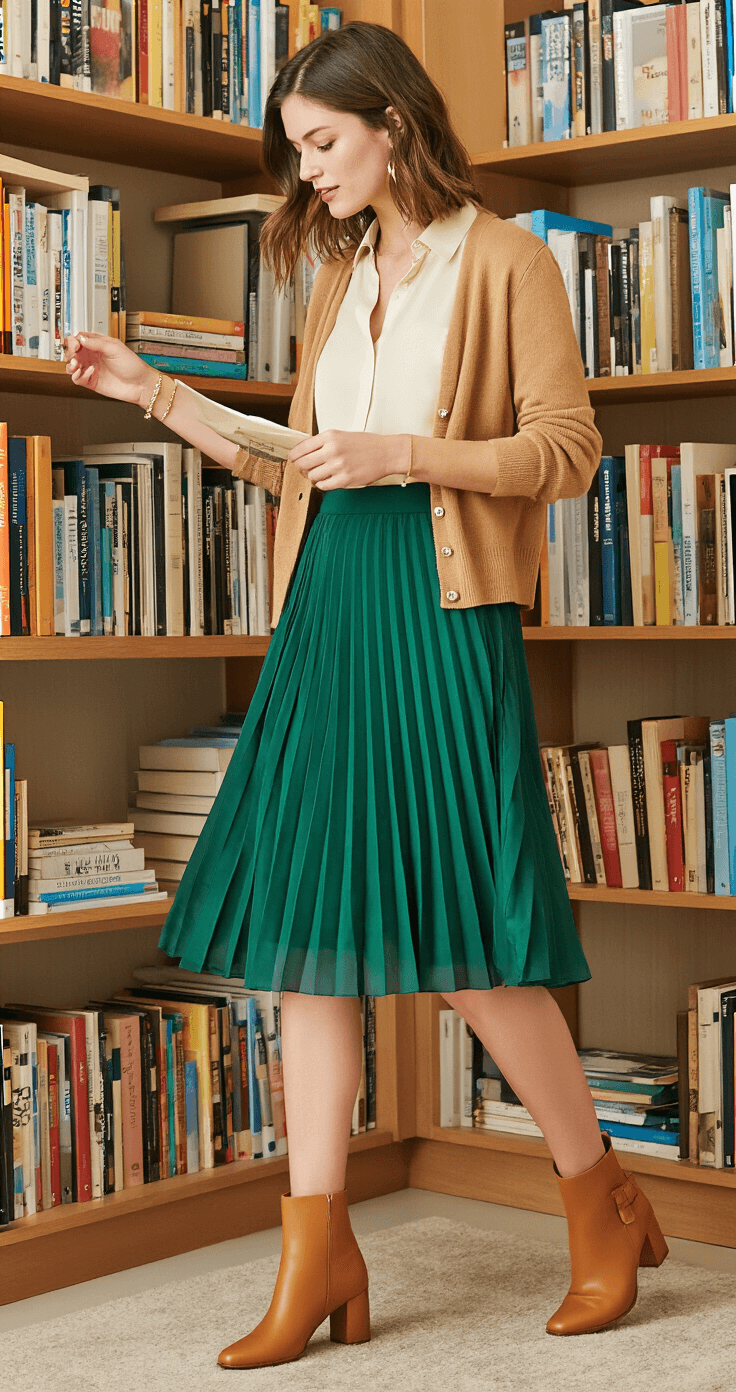 A teacher in an emerald green knee-length A-line skirt and cream silk blouse, wearing a camel cardigan and tan leather block-heel ankle boots, arranges books in a sunlit classroom library corner, showcasing her delicate gold bracelet stack.