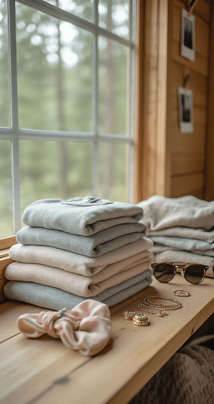SUMMER CAMP FASHION: HOW TO DRESS TO IMPRESS (While Keeping it Real) Close-up of a wooden shelf in a cozy indoor cabin, featuring neatly arranged camp accessories including a stack of neutral tees, pastel hair accessories, a selection of minimal jewelry, and practical sunglasses. Vintage polaroid photos adorn the bulletin board in the background, while soft natural light from the window highlights the textures of the items.