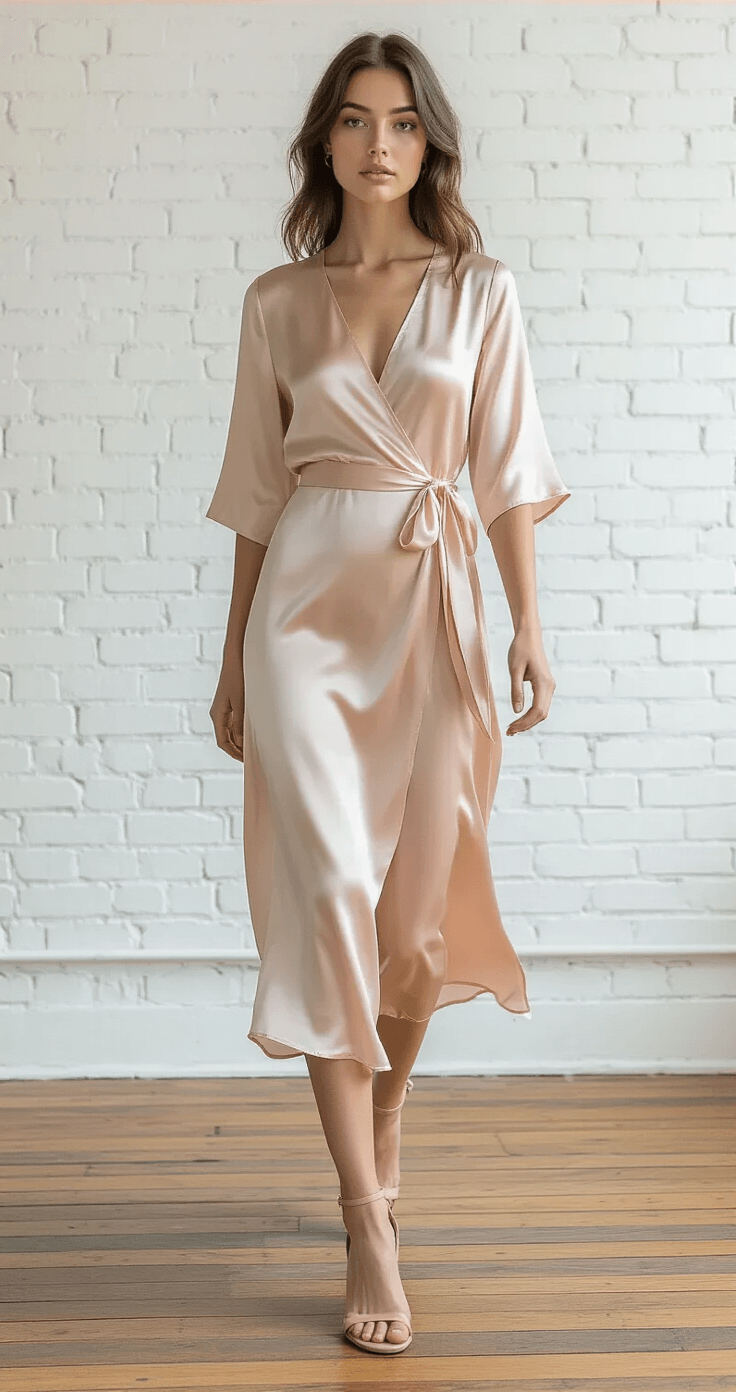 Model in a blush pink silk wrap dress with metallic threading walks through a clean, minimalist studio featuring white brick walls and wooden floors, styled with rose gold accessories and nude strappy sandals, captured with soft shadows from professional lighting.