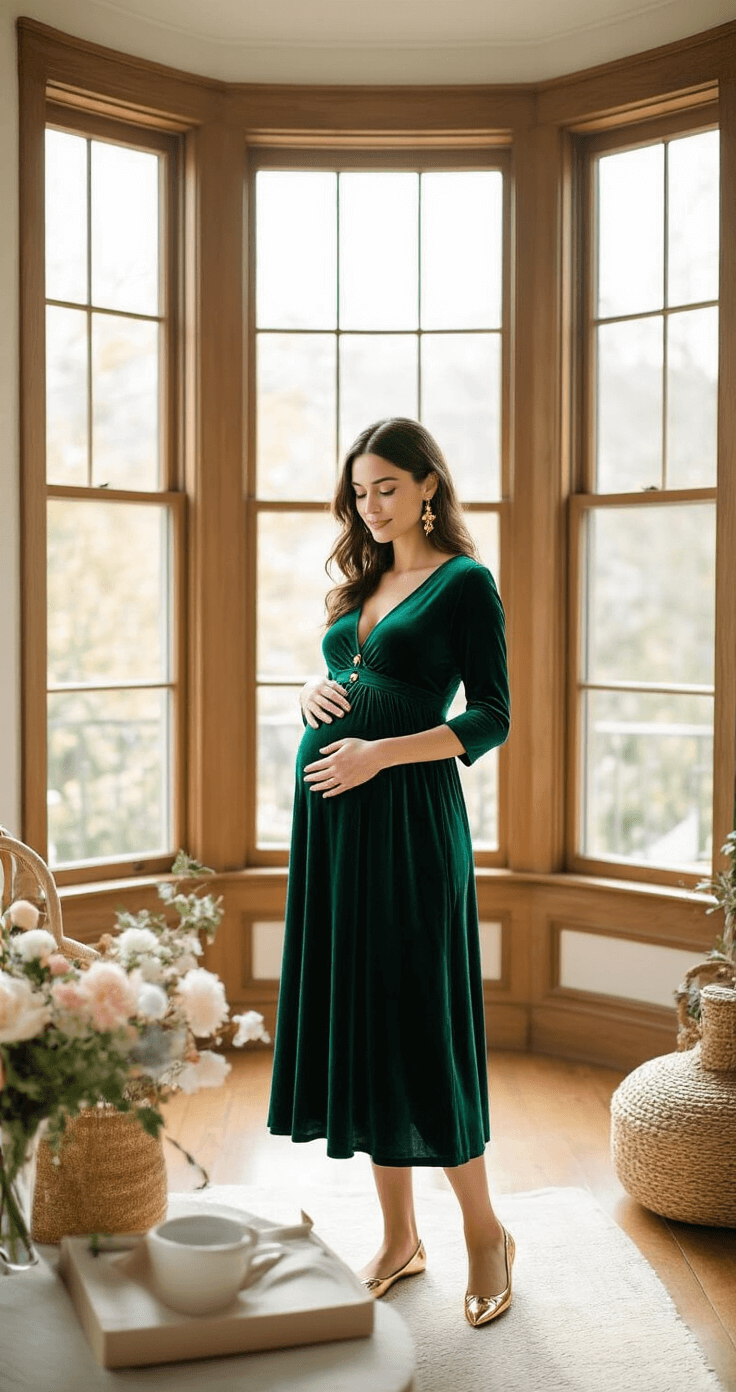A pregnant woman in a deep emerald green velvet maternity dress with gold button details arranges gender reveal decorations in a cozy living room with large bay windows filtering warm afternoon light. She wears gold leaf earrings and metallic flats.