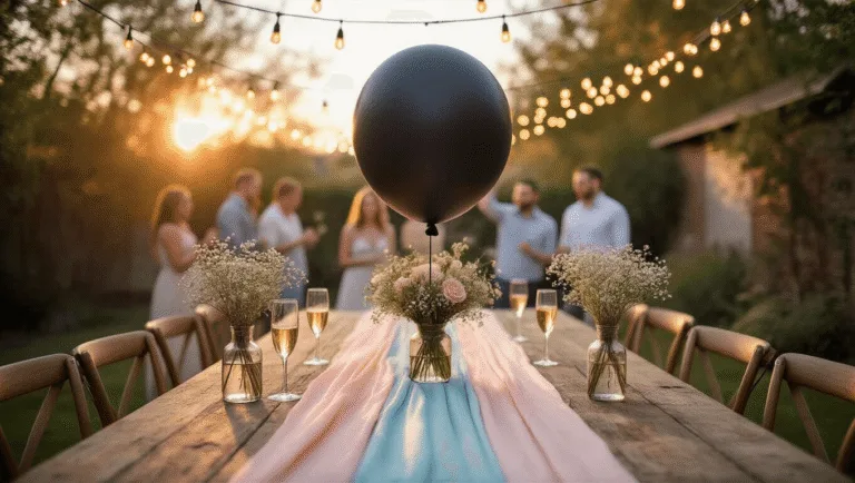 A beautifully arranged backyard gender reveal party at sunset, featuring a rustic farmhouse table with an ombre table runner, an oversized black balloon, vintage glass bottles with flowers, and sparklers held by guests, all illuminated by fairy lights and golden sunlight.