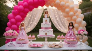 Barbie Birthday Party: The Ultimate Guide to a Pink Dreamhouse Celebration A dreamy backyard birthday celebration featuring a pink ombré balloon arch, elegant dessert table with a 3-tiered cake and Barbie-inspired treats, twinkling fairy lights, and pink peonies, all bathed in warm golden-hour light.