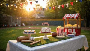 A whimsical baseball-themed birthday party in a sun-drenched backyard, featuring a tablescape with vintage baseball equipment, decorative elements in red, white, and blue, string lights overhead, and a dessert table with a themed cake and cupcakes, all set during golden hour.