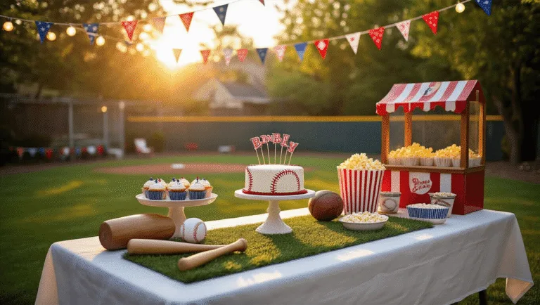 A whimsical baseball-themed birthday party in a sun-drenched backyard, featuring a tablescape with vintage baseball equipment, decorative elements in red, white, and blue, string lights overhead, and a dessert table with a themed cake and cupcakes, all set during golden hour.