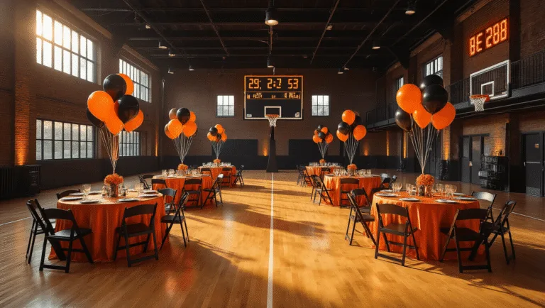 Hyperrealistic image of an elegantly transformed indoor basketball court for a birthday party, featuring warm lighting, luxurious table settings, custom LED backdrop, and a dessert station with a tiered cake.