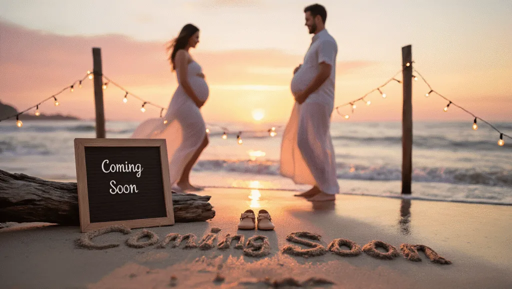 Expecting couple silhouetted against a golden sunset on the beach, with the woman in a flowing white maxi dress, tiny baby shoes on driftwood, "Coming Soon" written in wet sand, and vintage letterboard displaying due date amidst soft lighting and gentle waves.