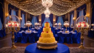 A Magical Beauty and the Beast Birthday Party: Your Ultimate Styling Guide A beautifully decorated enchanted ballroom for a Beauty and the Beast themed birthday party, featuring royal blue tablecloths, illuminated glass roses, vintage candelabras, and a tiered cake designed like Belle's gown, with children in costumes dancing and a Belle character greeting guests, all captured in a warm, magical atmosphere.