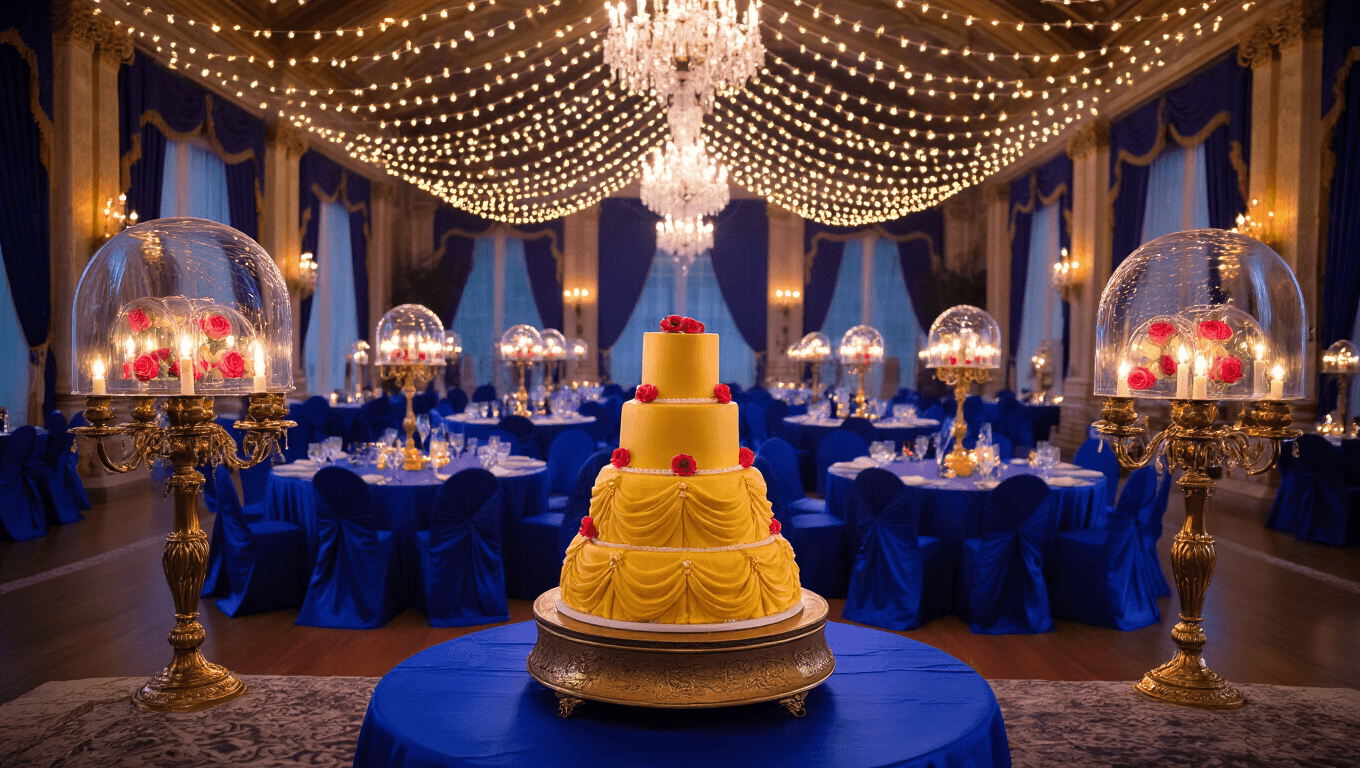 A beautifully decorated enchanted ballroom for a Beauty and the Beast themed birthday party, featuring royal blue tablecloths, illuminated glass roses, vintage candelabras, and a tiered cake designed like Belle's gown, with children in costumes dancing and a Belle character greeting guests, all captured in a warm, magical atmosphere.