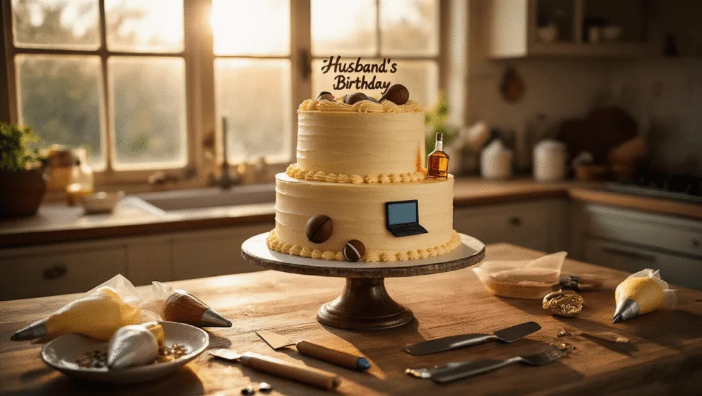 A beautifully decorated two-tiered birthday cake on a vintage wooden stand, surrounded by decorating tools in a rustic kitchen bathed in golden hour sunlight.