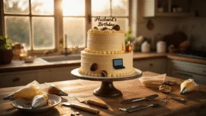 A beautifully decorated two-tiered birthday cake on a vintage wooden stand, surrounded by decorating tools in a rustic kitchen bathed in golden hour sunlight.