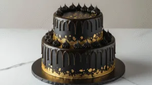 A luxurious two-tier black and gold birthday cake with a perfect mirror finish, featuring dark chocolate ganache drips and gold leaf accents, displayed on a matte black stand against a deep charcoal background, captured in dramatic overhead lighting.