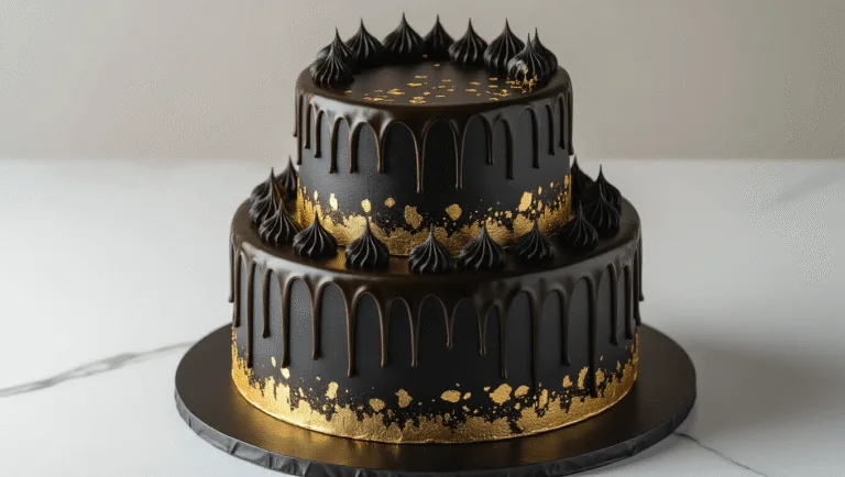 A luxurious two-tier black and gold birthday cake with a perfect mirror finish, featuring dark chocolate ganache drips and gold leaf accents, displayed on a matte black stand against a deep charcoal background, captured in dramatic overhead lighting.