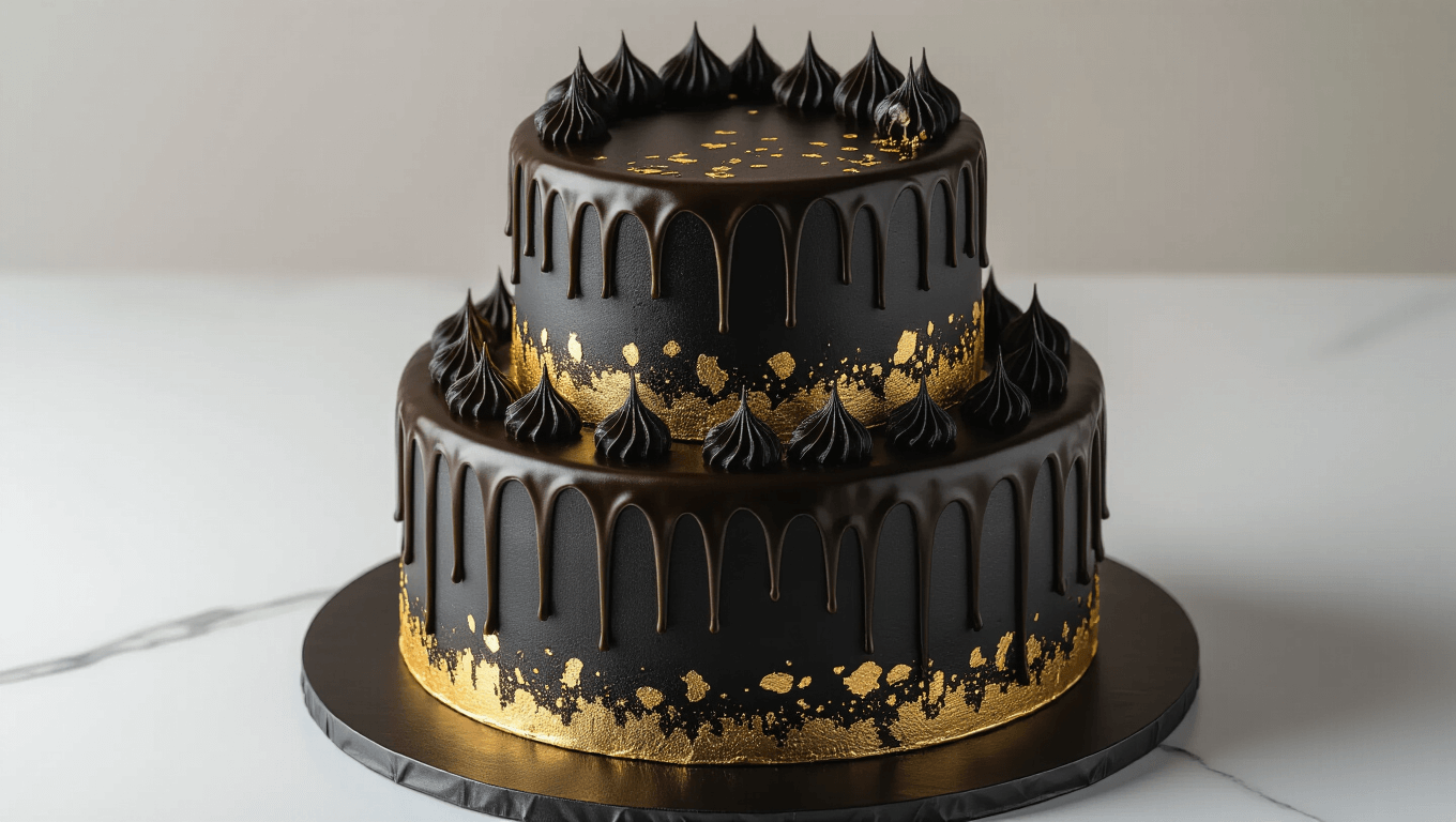 A luxurious two-tier black and gold birthday cake with a perfect mirror finish, featuring dark chocolate ganache drips and gold leaf accents, displayed on a matte black stand against a deep charcoal background, captured in dramatic overhead lighting.