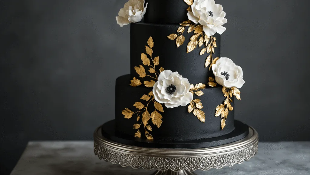 A three-tiered black wedding cake with metallic gold accents and white sugar flowers, elegantly displayed on a silver stand against a charcoal grey backdrop, captured in dramatic lighting that highlights its textures and details.