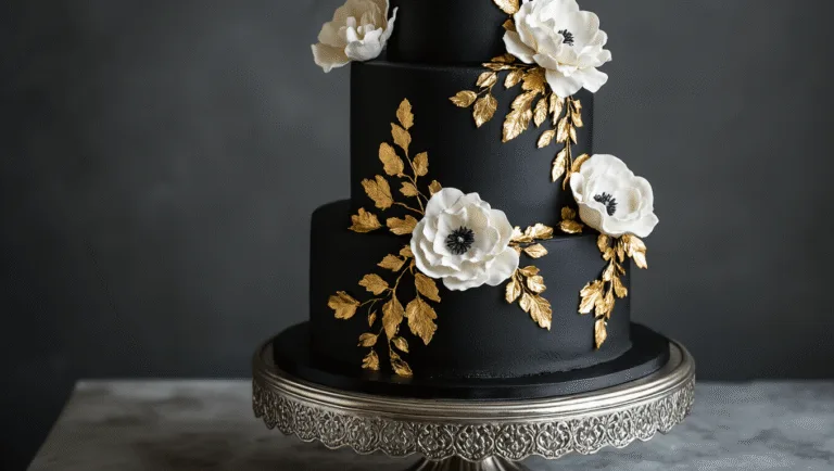 A three-tiered black wedding cake with metallic gold accents and white sugar flowers, elegantly displayed on a silver stand against a charcoal grey backdrop, captured in dramatic lighting that highlights its textures and details.