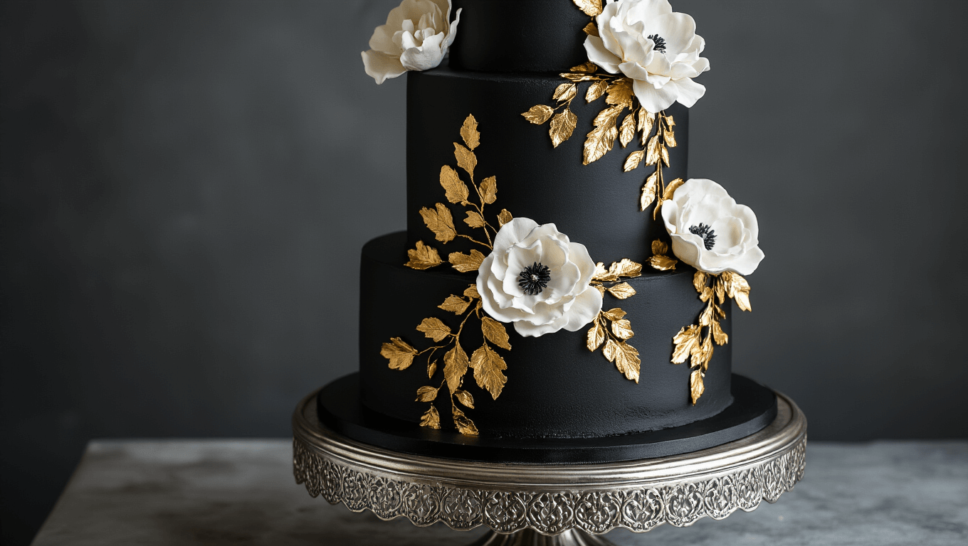 A three-tiered black wedding cake with metallic gold accents and white sugar flowers, elegantly displayed on a silver stand against a charcoal grey backdrop, captured in dramatic lighting that highlights its textures and details.