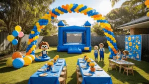 Throwing the Ultimate Bluey Birthday Party: A Comprehensive Guide for Fans in 2025 Photorealistic image of a vibrant Australian backyard birthday party scene featuring Bluey-themed decorations, a large blue bounce house, decorated tables, and various activity stations, bathed in golden hour light filtering through eucalyptus trees.