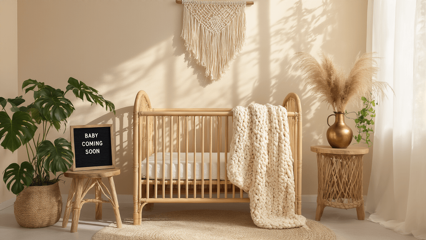 A boho-chic nursery bathed in golden hour light, featuring a rattan crib, macramé wall hangings, potted plants, and a letter board announcing "Baby Coming Soon," with expectant parents' hands holding tiny leather moccasins on a geometric rug.
