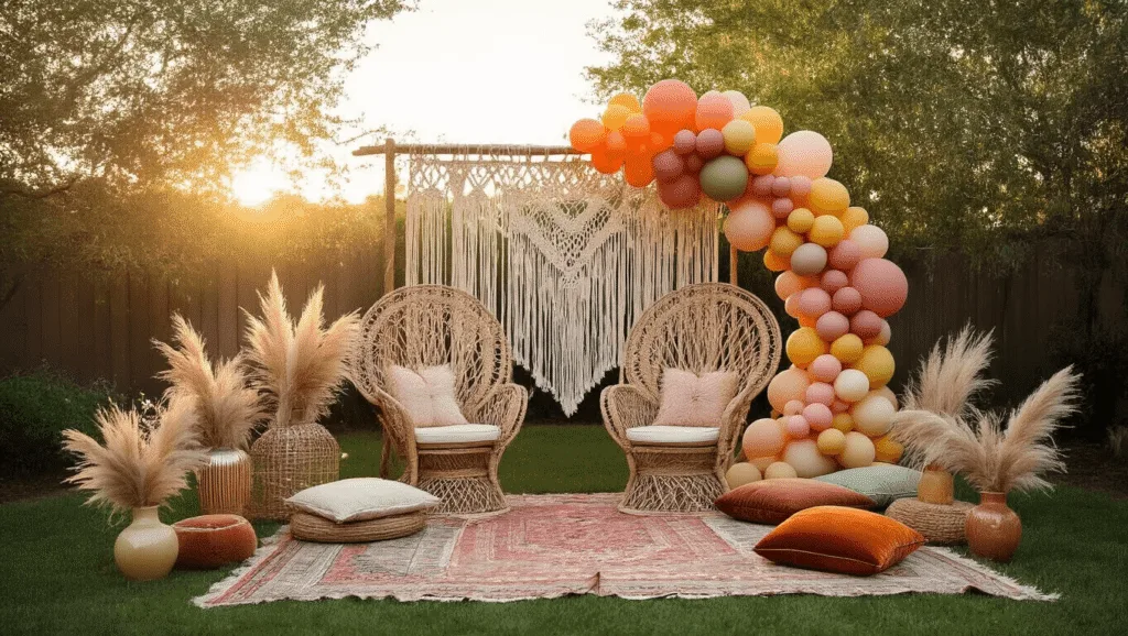 A dreamy backyard birthday celebration setup at golden hour featuring a muted rainbow color palette, macramé backdrop, organic balloon arch, rattan peacock chair, low picnic seating with Moroccan rugs and cushions, pampas grass arrangements, strung fairy lights, and a dessert table with a naked cake adorned with fresh flowers.
