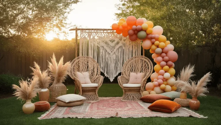 A dreamy backyard birthday celebration setup at golden hour featuring a muted rainbow color palette, macramé backdrop, organic balloon arch, rattan peacock chair, low picnic seating with Moroccan rugs and cushions, pampas grass arrangements, strung fairy lights, and a dessert table with a naked cake adorned with fresh flowers.