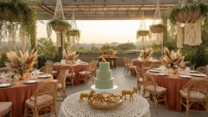 Photorealistic wide-angle shot of a luxurious rooftop terrace party setup at golden hour, featuring terracotta tablecloths, rattan chairs, brass animal figurines, and a sage green fondant cake, with a city skyline in the background.