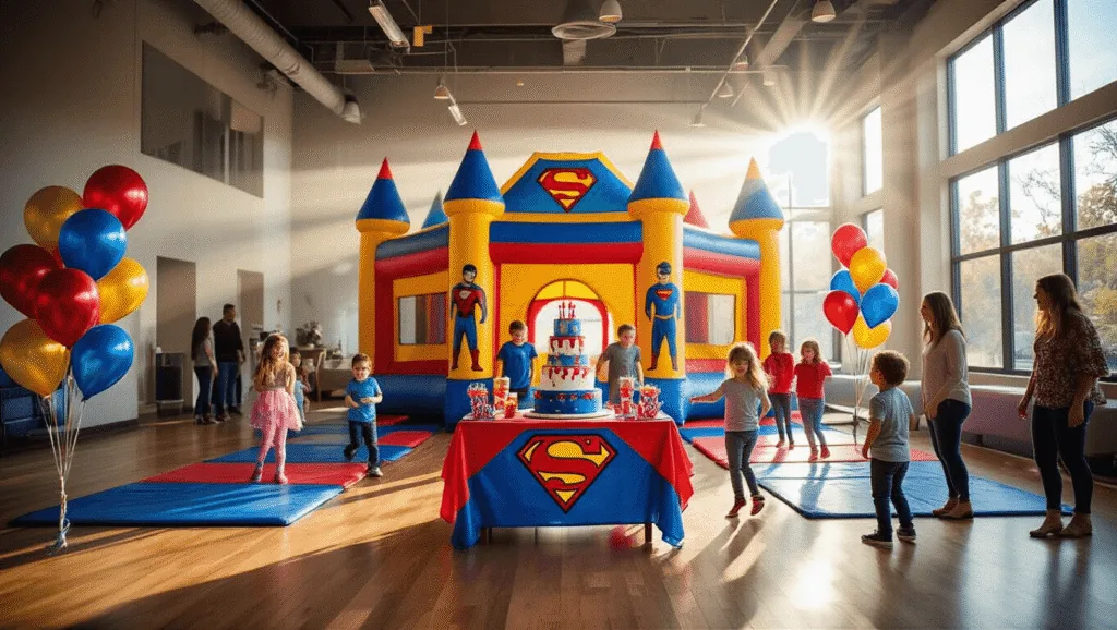 A vibrant indoor bounce house party featuring a colorful inflatable castle, laughing children in motion, a superhero-themed party table with a birthday cake, and parents socializing near refreshments, all illuminated by natural light.