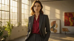 A professional woman in a charcoal grey power suit and silk crimson blouse stands in a sunlit minimalist loft, with golden light casting shadows and modern art in the background.