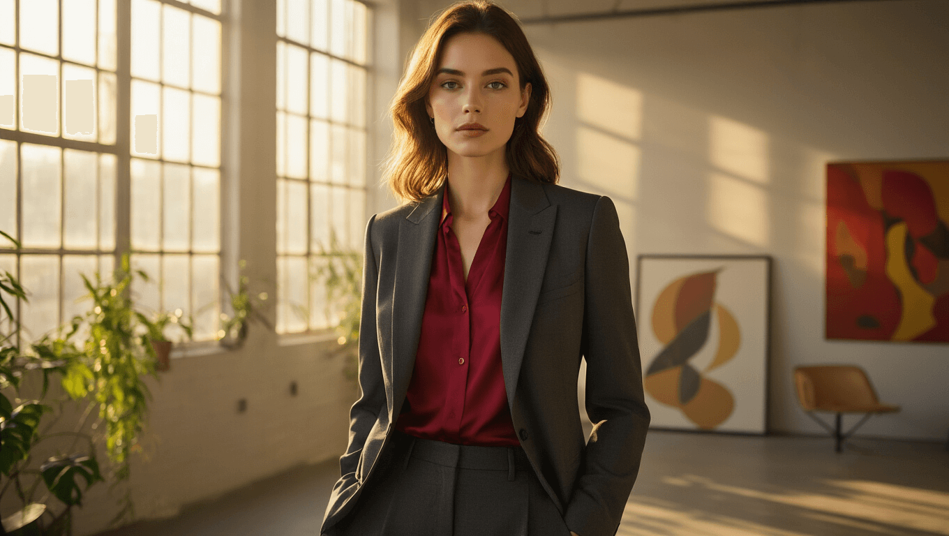 A professional woman in a charcoal grey power suit and silk crimson blouse stands in a sunlit minimalist loft, with golden light casting shadows and modern art in the background.