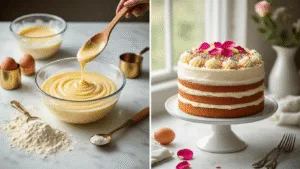 A split-scene composition showcasing a baking preparation setup with flour, vintage measuring cups, glass bowl of vanilla batter, and fresh ingredients on the left, and a finished two-layer celebration cake with buttercream frosting, rainbow sprinkles, and rose petals on a pedestal on the right, illuminated by soft natural light.