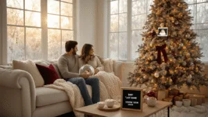 A cozy living room scene during golden hour featuring a couple on a cream-colored sofa wrapped in a knit blanket, facing a decorated Christmas tree with a glass ornament containing a sonogram photo. The atmosphere includes festive elements like a letterboard announcing a pregnancy, mugs of hot cocoa with marshmallows, and copper string lights, all in a warm color palette.