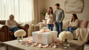 Pregnancy Announcement to Family: Unforgettable Reveal Ideas That Will Melt Hearts Photorealistic image of a cozy living room featuring a white gift box with satin ribbon on an oak coffee table, surrounded by pink rose petals and hydrangeas. A young couple holds hands near a leather armchair, while family members on cream sofas eagerly watch. The room is warmly lit with neutral tones and soft textures.