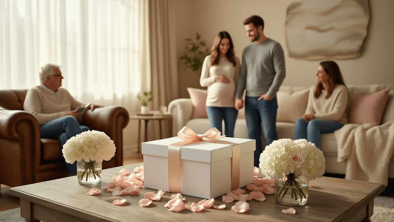 Photorealistic image of a cozy living room featuring a white gift box with satin ribbon on an oak coffee table, surrounded by pink rose petals and hydrangeas. A young couple holds hands near a leather armchair, while family members on cream sofas eagerly watch. The room is warmly lit with neutral tones and soft textures.
