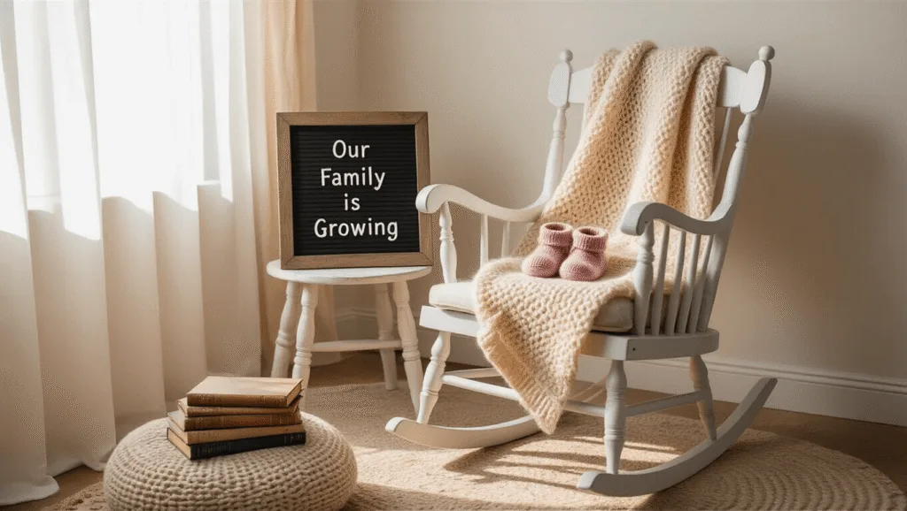 Cozy nursery corner with soft morning light, featuring a vintage rocking chair, a letterboard reading "Our Family is Growing," a cable-knit blanket, classic children's books, baby booties, a handcrafted mobile, a plush rug, and a basket of stuffed animals against warm greige walls.