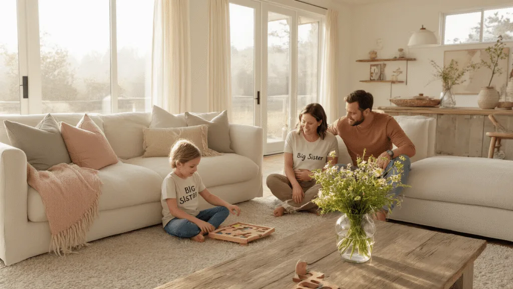 A cozy modern living room during golden hour, featuring a child in a "Big Sister" t-shirt playing with a puzzle on a cream sofa, while parents in earth-toned outfits sit nearby. A rustic coffee table displays wildflowers, an ultrasound photo, and puzzle pieces, all bathed in warm natural light.