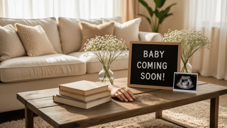 A warmly lit living room scene featuring a cream linen sofa, a vintage letter board announcing "Baby Coming Soon!", a crystal vase with baby's breath flowers, and an ultrasound photo, all arranged on a rustic coffee table with parenting books, creating a cozy and intimate atmosphere.
