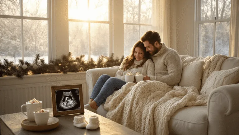 A cozy winter pregnancy announcement scene in a sunlit living room, featuring an expectant couple snuggled on a cream-colored sofa with a chunky blanket, steaming mugs of hot chocolate, a sonogram photo, baby booties, and festive decor, all captured in a warm, inviting atmosphere.