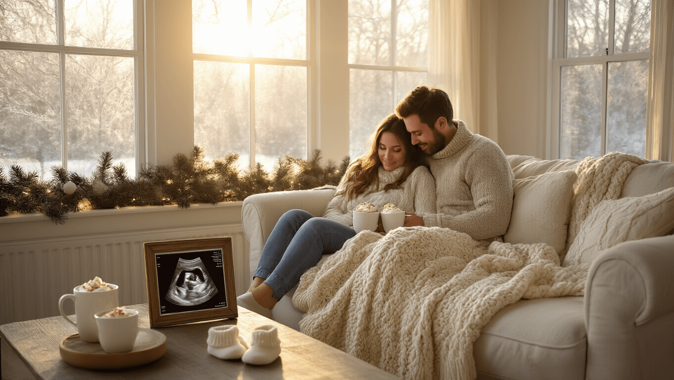 A cozy winter pregnancy announcement scene in a sunlit living room, featuring an expectant couple snuggled on a cream-colored sofa with a chunky blanket, steaming mugs of hot chocolate, a sonogram photo, baby booties, and festive decor, all captured in a warm, inviting atmosphere.