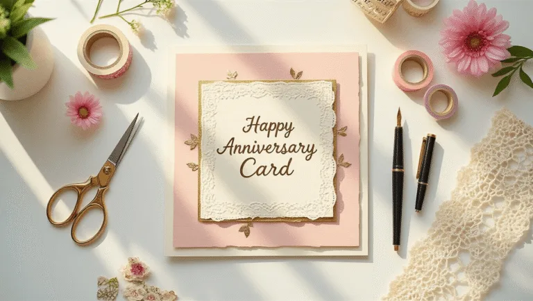 A bright overhead view of a sunlit craft workspace featuring a handmade anniversary card with layered blush pink and ivory cardstock, surrounded by crafting supplies like brass-handled scissors, romantic washi tape, metallic gel pens, pressed flowers, and a delicate cup of tea, all on a clean white marble surface.