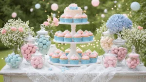 A beautifully arranged dessert table for a gender reveal party, featuring a white tiered cake stand with pink and blue cupcakes, glass jars of macarons and chocolate-covered strawberries, and fresh flower arrangements, all set in a dreamy garden with soft lighting and decorative lanterns.
