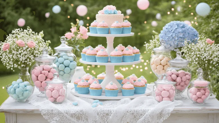 A beautifully arranged dessert table for a gender reveal party, featuring a white tiered cake stand with pink and blue cupcakes, glass jars of macarons and chocolate-covered strawberries, and fresh flower arrangements, all set in a dreamy garden with soft lighting and decorative lanterns.