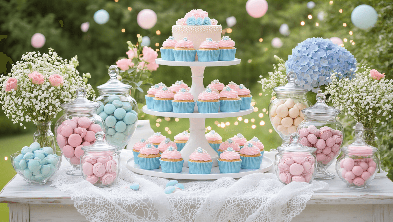 A beautifully arranged dessert table for a gender reveal party, featuring a white tiered cake stand with pink and blue cupcakes, glass jars of macarons and chocolate-covered strawberries, and fresh flower arrangements, all set in a dreamy garden with soft lighting and decorative lanterns.