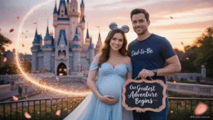 A young couple stands in front of Cinderella's Castle at sunset, with the expectant mother in a pale blue maternity dress and subtle silver Mickey ears, holding a vintage chalkboard that reads "Our Greatest Adventure Begins," surrounded by rose gold confetti and magical sparkles.